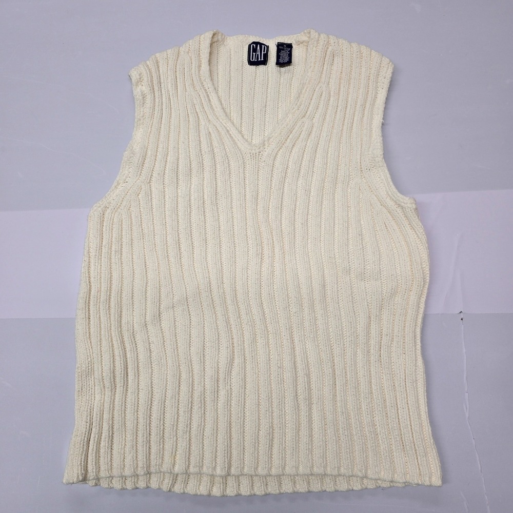 90s Vintage GAP Womens Cream Ribbed V Neck Sleeveless Knit Sweater Vest Size‎ M